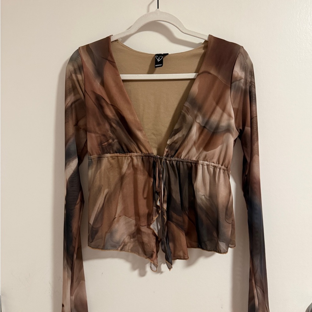 Windsor Sheer Tie-Front Long Sleeve Top in Brown and Tan Marble